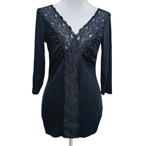 Moda International Y2K Top Size M Soft Ribbed Knit Black Lace Whimsigoth Casual